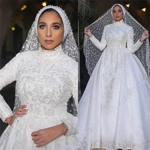 Luxuriöse Langarm-Arabisch-Hochzeitskleider, Luxus-Satin, Vestidos de Noiva, eine Linie, Blumen, Kristallstickerei, Spitze, Plus-Size-Hochzeitskleid, Brautkleid, Robe, Vestidos