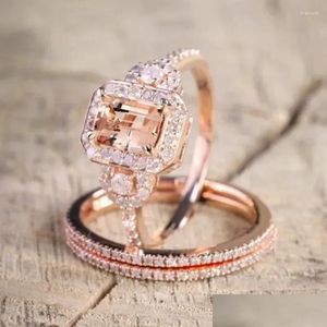 Cluster Rings Exquisite Design Square Inlaid With White Zircon Champagne Set Fashion Party Engagement Wedding Drop Delivery Dhzkc