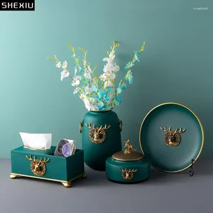 Decorative Figurines Modern Dark Green Deer Head Tissue Box Storage Candy Fruit Tray Flower Vase Resin Ceramic Exquisite Crafts Luxury Home