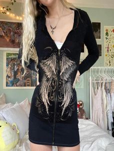 Sukienki swobodne harajuku goth czarna mini sukienka diamenty grunge bajki y2k bluzy z kapturem z kapturem punki punkowe kobiety bod8466098