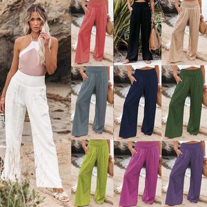 Calças femininas verão oversized perna larga mulheres vintage algodão linho palazzo moda calças compridas casual cintura elástica pantalon 5xl