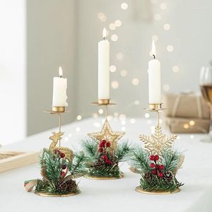 Candle Holders Christmas Candlestick Iron Art Snowflake Star Santa Simulation Pine Needle Base Holder Year Party Table Decorate