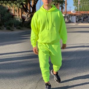 Neon Verde Estilo Mens Moda Treino Sólido 2 Peças Manga Longa HoodyLoose Swearpants Casual Sportsuit Homens Est OMSJ 240202