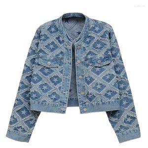 Kurtki damskie Gwiazda Plaid Blue Denim Cotton High Street Long Sleeve Jacket Single Bered O Neck Korean Fashion Fashion Autumn 2024