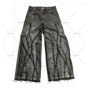 Męskie dżinsy strzępione krawędzie w trudnej sytuacji umyte gotyckie 2024 mody swobodny punkowy rock luźne szerokie nogi spodnie streetwear