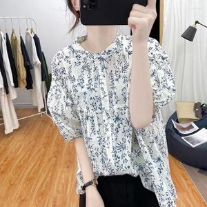 Damenblusen Kleidung Vintage-bedruckte Bluse Koreanisches einreihiges Sommer-Pendel-Halbarm-Rundhals-Mode-Spleiß-Lose-Hemd