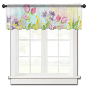 Curtain Summer Flowers Watercolor Short Sheer Window Tulle Curtains For Kitchen Bedroom Home Decor Small Voile Drapes