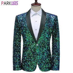 Verde brilhante lantejoulas bling glitter blazer masculino xale colarinho um botão smoking ternos dos homens festa de casamento trajes palco 240124