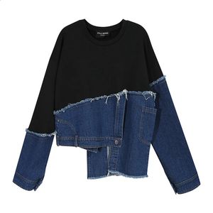 Coat 2023 Personality Asymmetry Washed Denim Stitching Loose Plus Size Casual Sweater Female Joker Top 240125