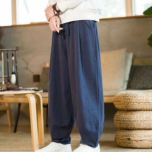 Calças masculinas confortáveis moda inverno outono calças cor sólida cintura larga baggy algodão e linho montagem lanterna calça perna