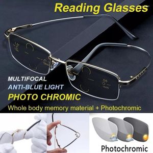 Óculos de sol Pochromic Reading Óculos Homens Mulheres Progressiva Multifocal Presbiopia Óculos 1.0 a 4.0 Metal Frame Eyewear Mens Gafas