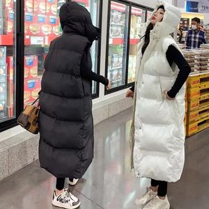 Kvinnors västar långa västkvinna jacka 2024 huva mode vinter tjock varm bomull vadderad ärmlös kappa kvinnlig väst