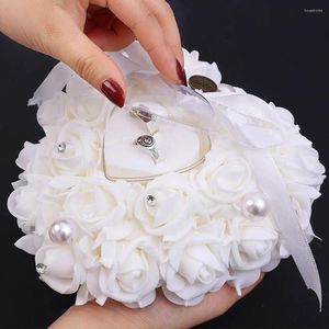 Party Decoration Wedding Ring Bearer Pillow Cushion Romantic Ivory Satin Crystal Heart Shape For Engagement Propose Marriage Decor