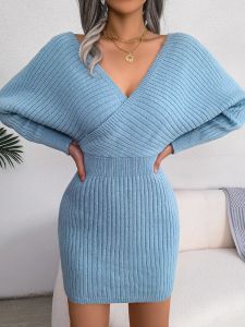 Klänning Fashion White Short Knitting Dress Office Chothing 2023 Autumn/Winter Ladies Sexy Cross Vneck Bat Sleeve Wrap Hip Sweater Dress