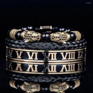 Charme pulseiras conjunto de luxo homens duplo leopardo cabeça artesanal esmalte numeral romano pulseiras corda fivela pedra contas jóias gota