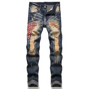 Retro Blue Ripped Hole Men Jeans Embroidered Tiger and Letter Stretch Mid-Waist Skinny Pants