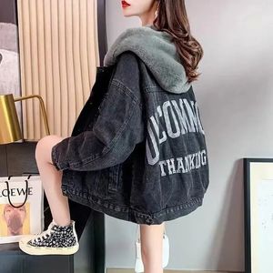 2023 Winter Plus Velvet Hooded Letter Embroidery Jackets for Womens Casual Loose Warm Denim Female Coat Classic Clothes Tops 240201