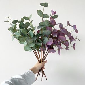 5PC 3D Feel Lateks Film Eukaliptus Leaf 3 Forks Sztuczne zielone rośliny Wedding Kwiatowy Bukiet Luksusowy dekoracja domu 240127