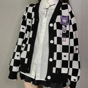 Kawaii Cartoon Embrodery Cardigan Women JK Uniform Checkerboard Sweater Coat Autumn Loose Y2K Sueters De Mujer 240202