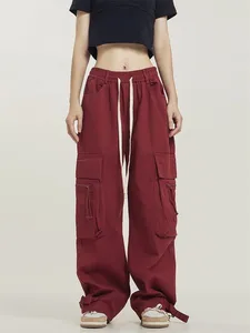 Calças femininas qweek harajuku vintage vermelho carga mulheres oversize hip hop streetwear bolsos calças pretas retro perna larga tático inferior