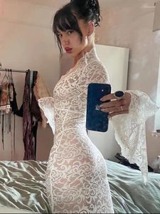 Casual Dresses JULISSA MO 2024 Elegant Lace See Through V-neck Maxi Sexy Dress For Women Summer Chic Longsleeves Hollow Out Slim Floor