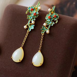 Dingle örhängen naturlig Hetian White Jade S925 Sterling Silver Retro National Style Water Drop Flower Stud Simple Exquisite