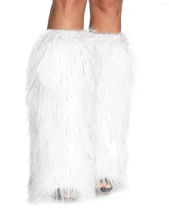 Meias femininas 45cm branco com prata fuzzy pele sintética polainas saltos longos botas manguito capa tem elasticidade dionysia boot carnaval