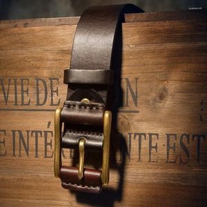 Belts Men's Distressed Leather Belt Vintage Center Bar Buckle Brass First Layer Cowhide Gift Box Casual All-matched 4cm