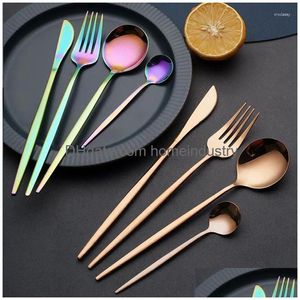 Zestawy naczyń stołowych 16PCS Gold Matte Setlery Set Nóż łyżki widelca stolika ze stali nierdzewnej Western Flasware Kitchen Sierware Drop Dhsen