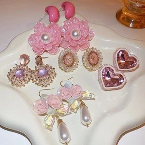Dangle Earrings Women's Romantic Pink Flower Earring Korean Style Zirconia Jewellery Waterdrop Pendant Imitated Pearl Tassels Jewelry