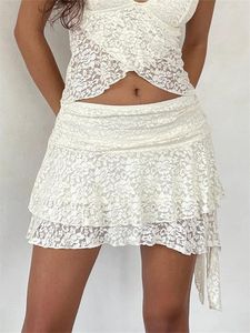 Skirts CHRONSTYLE Women Lace Mini Flower Embroidery Frill Layered Low Waist Irregular Hem Short Skirt Summer Party Clubwear 2024
