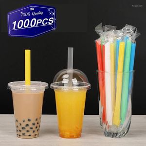 Tek kullanımlık fincan pipetler plastik 1000 pcs ayrı ayrı paketlenmiş büyük renkli boba kabarcık çay milkshake saman mutfak bar aksesuarları