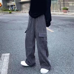 Men's Pants Secure Pocket High Street Wide Leg Cargo With Drawstring Waist Multi Pockets For Comfortable Stylish Men