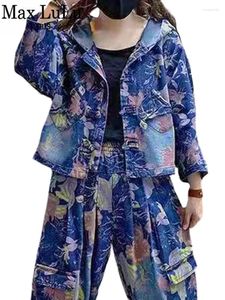 Calças de duas peças femininas Max Lulu 2024 Primavera ternos chineses denim peças define mulheres moda solta impressa roupas com capuz jaquetas vintage