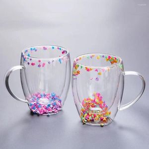 Weingläser, Teegetränkebecher, Frühstücksbecher, Kaffeetasse, transparentes, klares, doppelwandiges Glas mit Stern-Glitzer-Füllungen