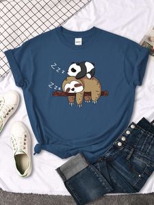 Damen-T-Shirts, Panda liegt auf einem Faultier, bedrucktes Damen-T-Shirt, Rundhals-T-Shirts, passendes T-Shirt, übergroße Kurzarm-Damen