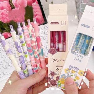 4Pcs/Lot Cute Retractable Gel Pens Set Korean Flower Print 0.5MM Black Ink Ballpoint Pen School Office Student Stationery