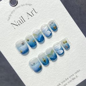 Синий ручной работы корейский короткий пресс на ногтях полное покрытие профессиональные ногти Ocean круглый акриловый многоразовый клей накладные ногти 240129