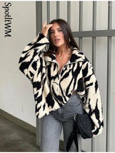 Jaquetas femininas Mulheres Animal Stripe Zipper Cordeiro Casacos De Pelúcia Chic Faux Fur Integrado Engrossar Outwear 2024 Inverno Turn-down Collar Fleece