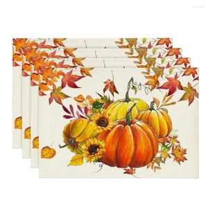 Maty stołowe 4PCS Święto Dziękczynienia Pliki 30 45 cm Linen Pumpkin Maple Leaf Mat Maty Świąteczne dla domu El Kitchen