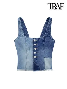 Women's Tanks TRAF Women Fashion Front Button Patchwork Denim Tank Tops Sexy Backless Elastic Wide Straps Female Camis Mujer