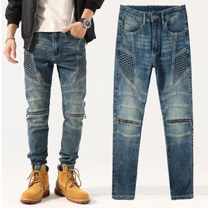 High Street Youth Blue Washed Denim Trousers Slim Straight Leg Knee Zipper Motorcycle Biker Jeans Designer Man Plus Size