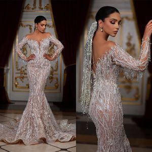 Moda deniz kızı gelinlik şeffaf boynu uzun kollu gelinlikler pullar püskül süpürme tren elbiseler özel yapılmış vestidos de novia