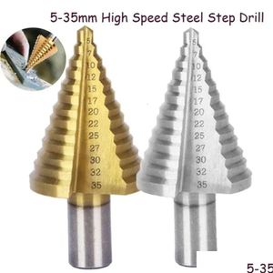 Brocas Novo 13 Passo Cone Brocas Buraco Cortador Bit Set 5-35mm Bordas Caneladas HSS Reamer Triângulo Shank Madeira Metal Perfuração Drop Del Dhyv4