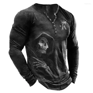 Homens camisetas Outono Crânio Henley King 3D Impressão Streetwear Moda Vintage Manga Longa Botão-Down Camisa Homem Tees Tops Roupas