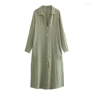 Casual Dresses YENKYE 2024 Women Rolled Up Sleeve Linen Shirt Dress Vintage Lapel Collar Female Loose Long