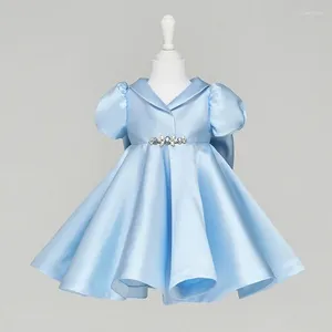 Vestidos da menina nascidos bebê meninas princesa vestido de baile azul cetim crianças para batismo 1º aniversário casamento dama de honra infantil vestidos