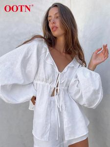 Damskie dresy damskie ooTn swobodne luźne koszulę z rękawem latarni garnitury letnie elastyczne szorty talii marszczyki sznurowate topy dwupoziomowe zestawy białe