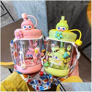 Vattenflaskor Summer Cartoon Girl Heart Cute Pig Pink Green Cup Super Portable Outdoor Plastic St Drop Delivery DHMPB