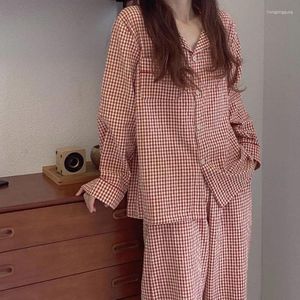 Mulheres sleepwear versão coreana xadrez pijamas mulheres manga longa pijamas primavera fina camisola plus size lapela vermelha casual casa desgaste conjunto